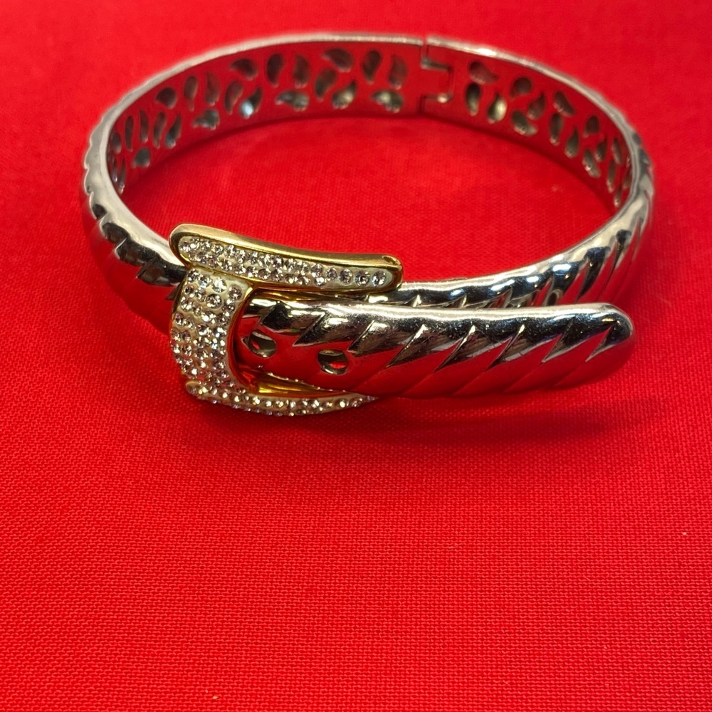 Vintage Silver and Gold Adjustable Buckle Bracelet with Rhinestones
